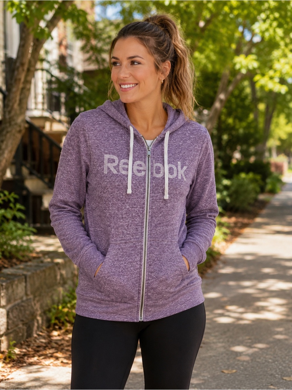 Reebok Women’s Large Heathered Purple Full Zip Hoodie Athleisure
